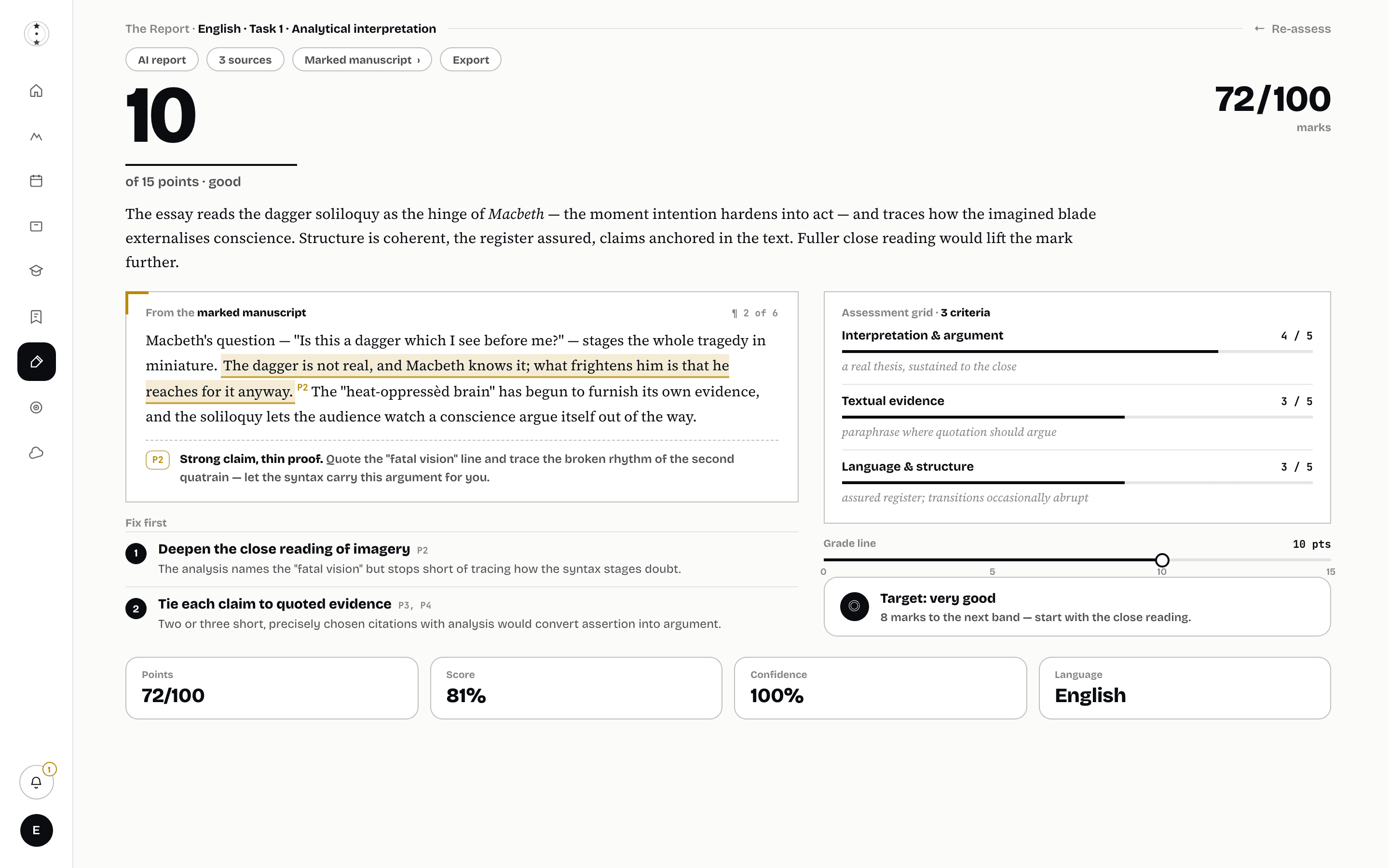 The essay report, rendered in English: 10 of 15 points with an annotated excerpt from the marked manuscript, an assessment grid and prioritised fixes.