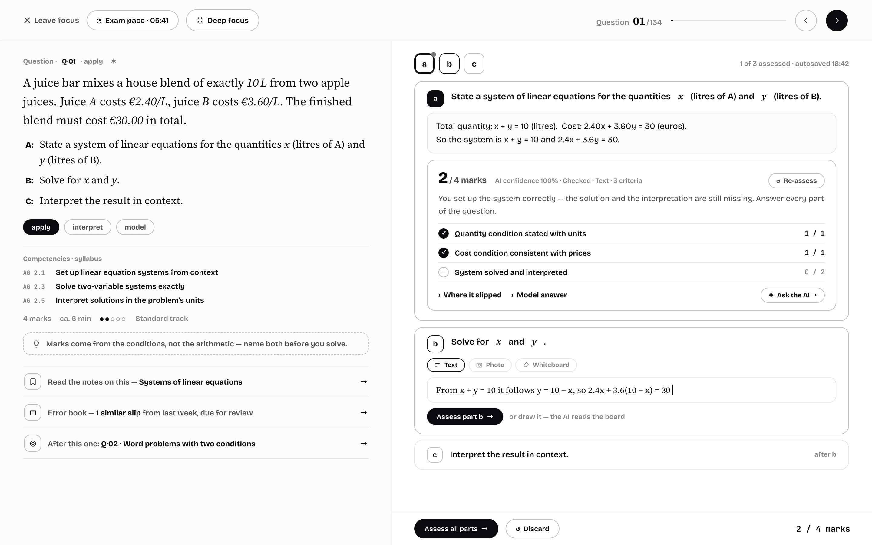 The question focus mode, rendered in English: a multi-part question answered part by part, with the AI assessment — 2 of 4 marks, per-criterion checks and the next part mid-answer.