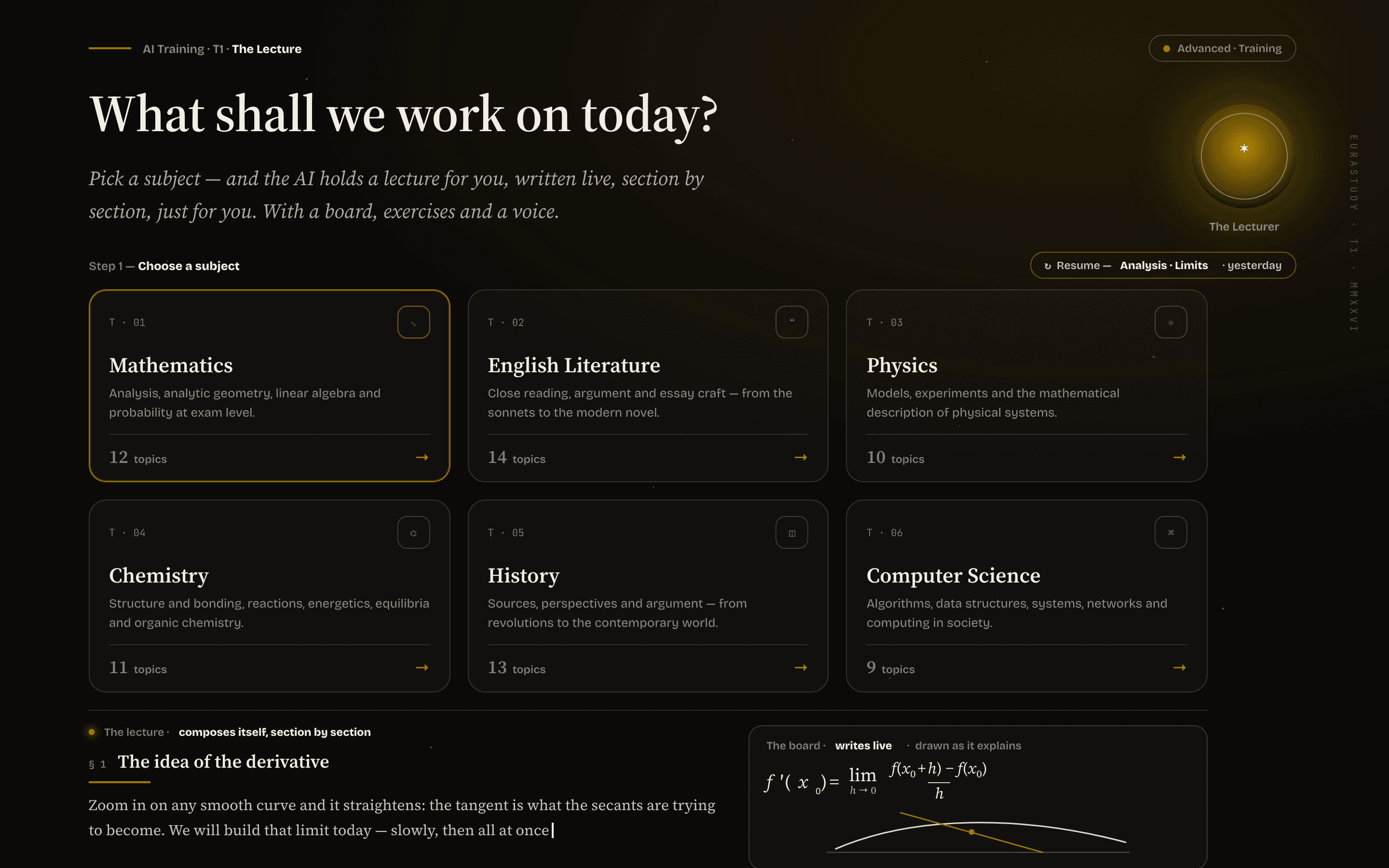 The lecture hall, rendered in English: the dark AI-training room where you pick a subject and the AI writes the lecture live.