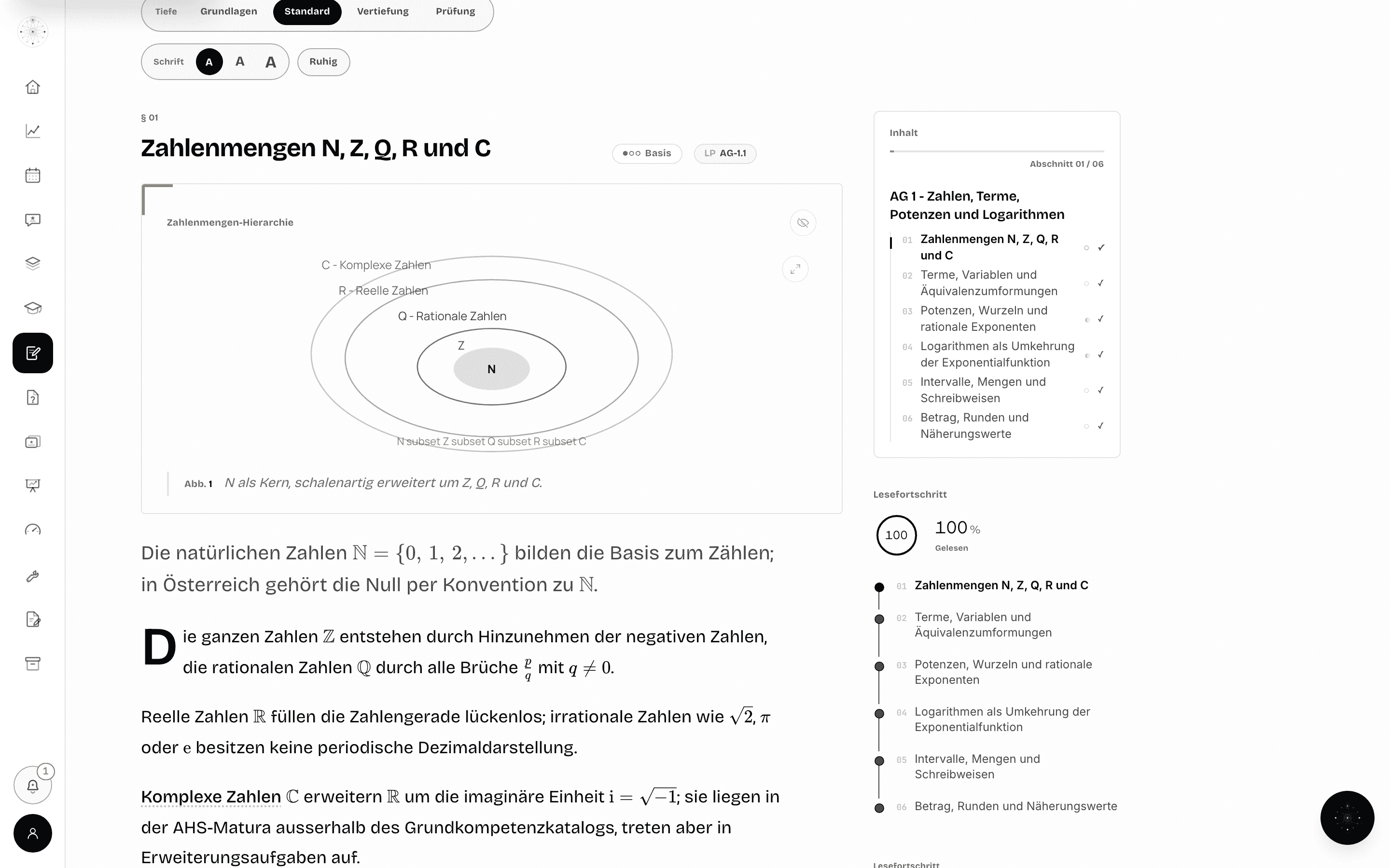 Der EuraStudy-Notizenleser auf einem Mathematik-Thema der Matura: Abbildung, Tiefenregler und Lesefortschritt.