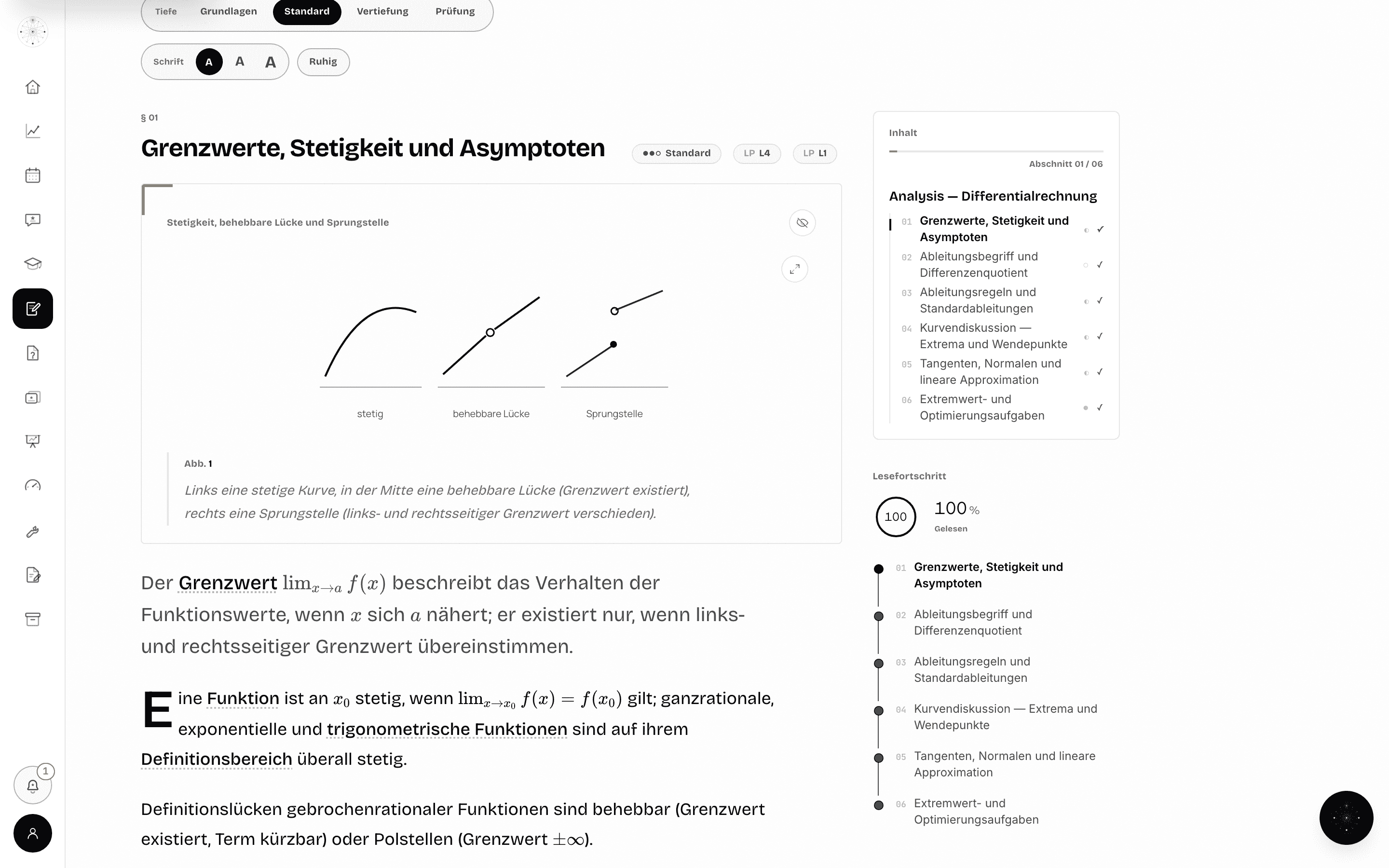 Der EuraStudy-Notizenleser auf dem Abitur-Thema „Analysis — Differentialrechnung": Abbildung, Tiefenregler, Inhaltsleiste und Lesefortschritt.
