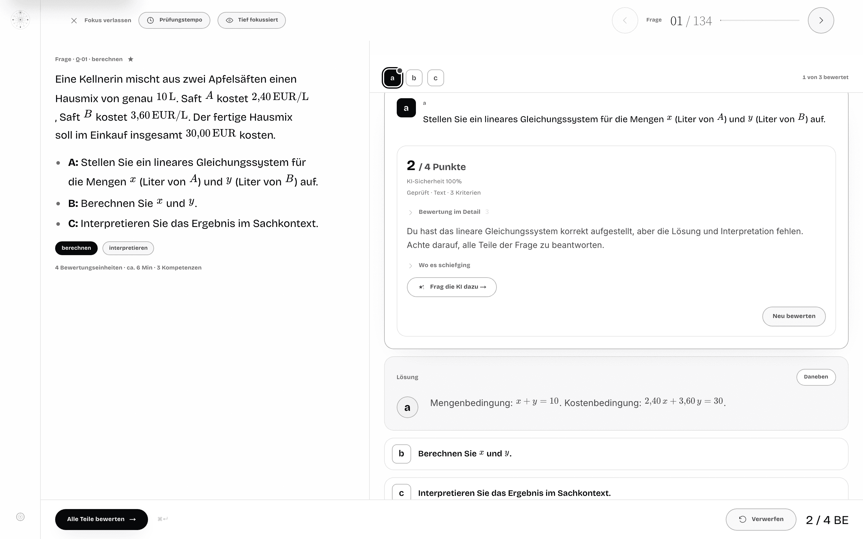 Der Fokusmodus mit einer mehrteiligen Abitur-Aufgabe und der KI-Teilbewertung samt Lösung.