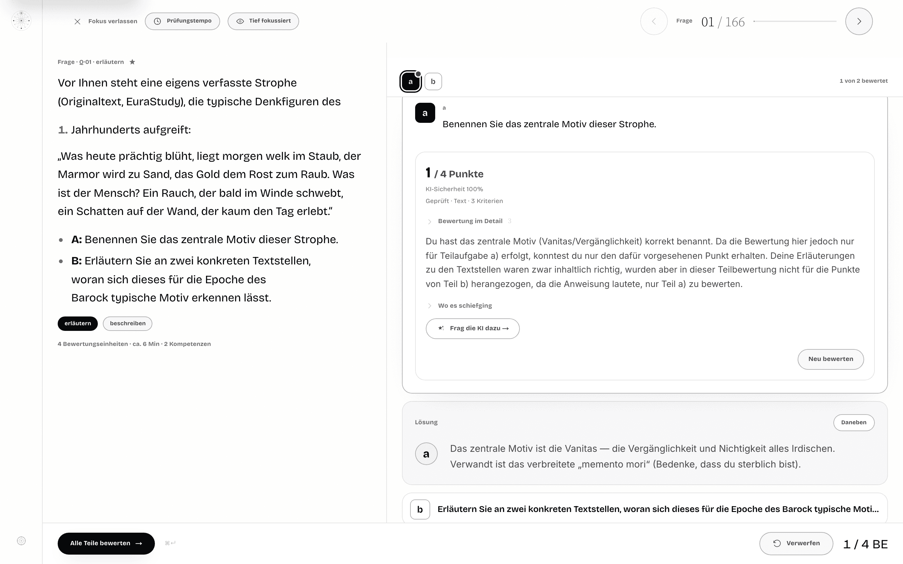 Der Fokusmodus mit einer mehrteiligen Matura-Aufgabe und der KI-Teilbewertung samt Lösung.