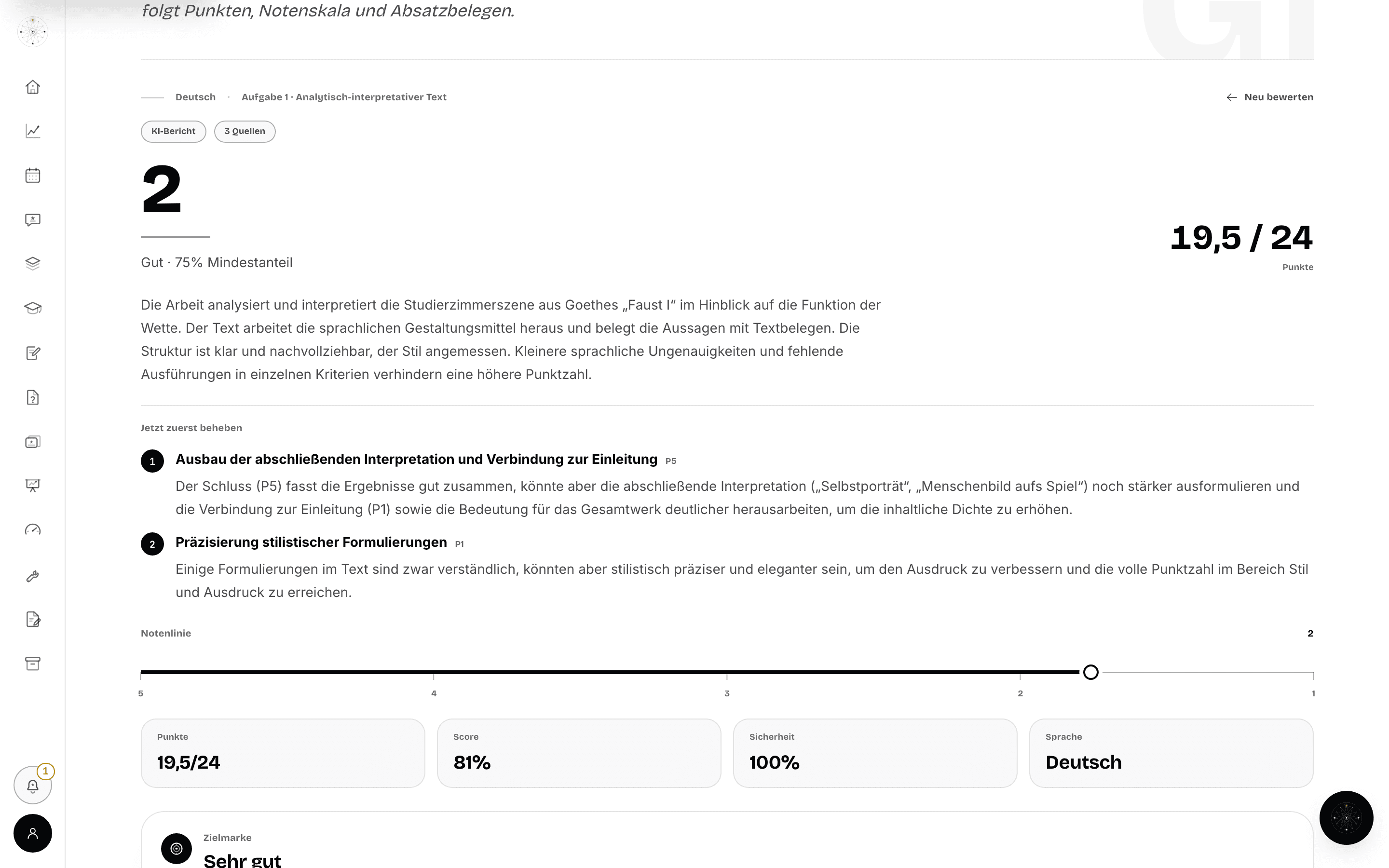 Das Gutachten: ein bewerteter Matura-Aufsatz mit Note, Punkten und absatzgenauen Hinweisen.