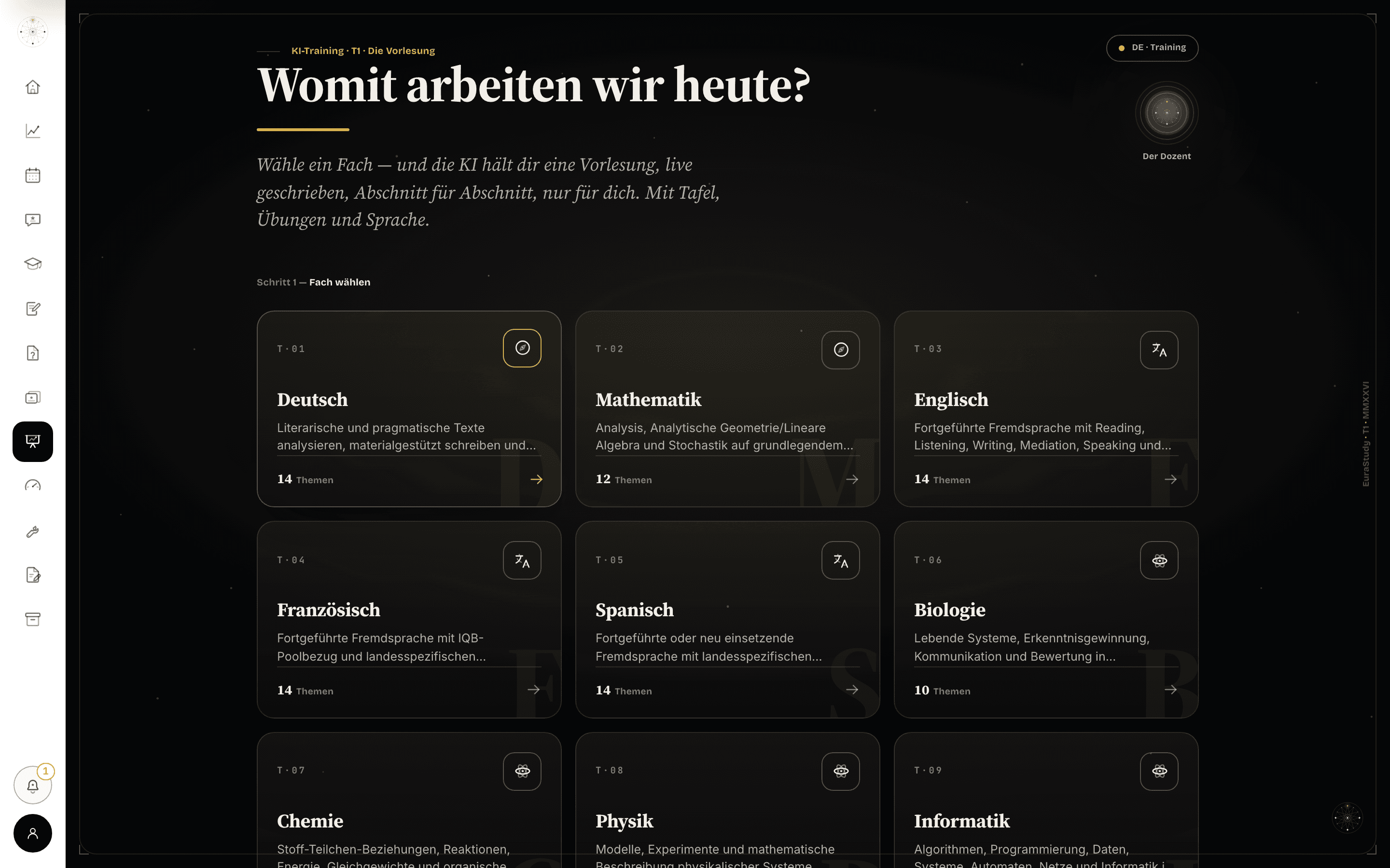 Der dunkle Hörsaal der Vorlesung: Fachauswahl mit dem Dozenten-Orb.