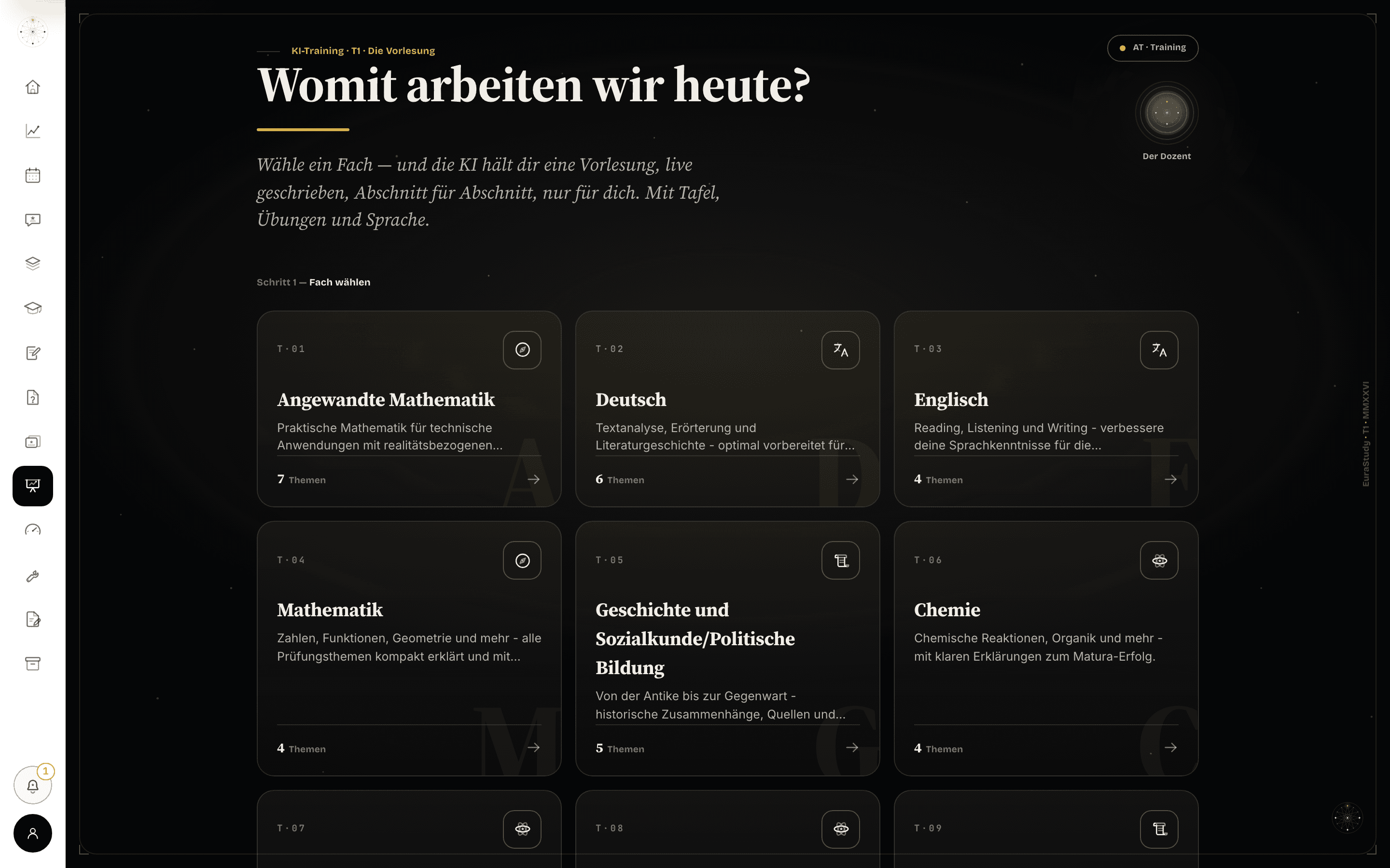 Der dunkle Hörsaal der Vorlesung: Fachauswahl mit dem Dozenten-Orb.