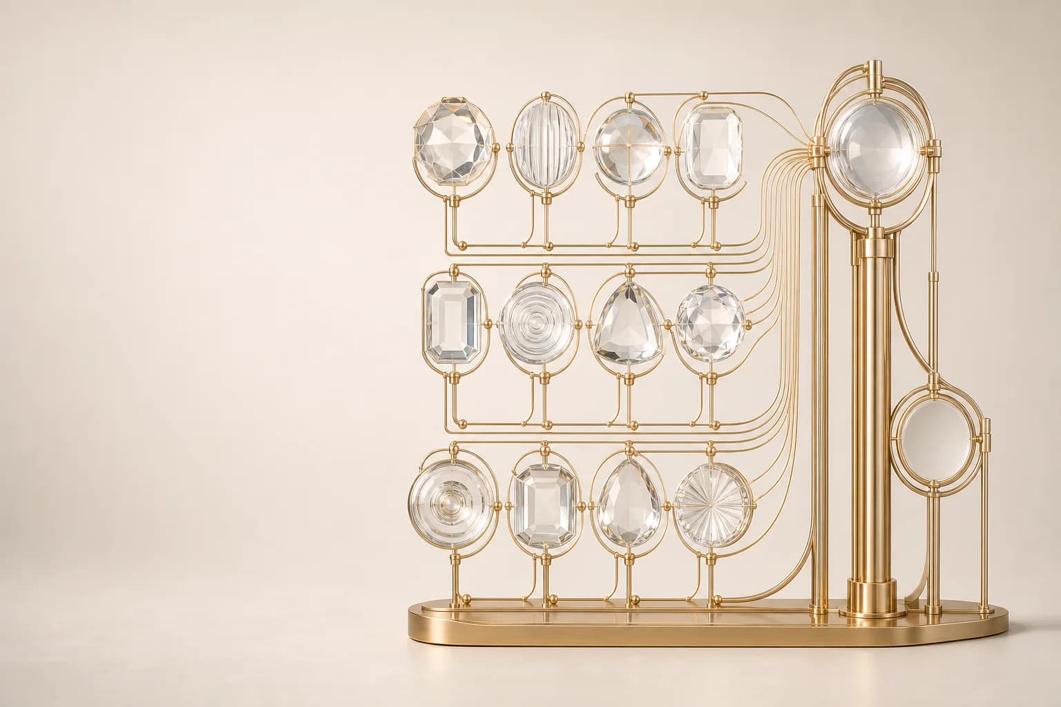 A golden learning instrument connecting twelve crystal curriculum lenses.